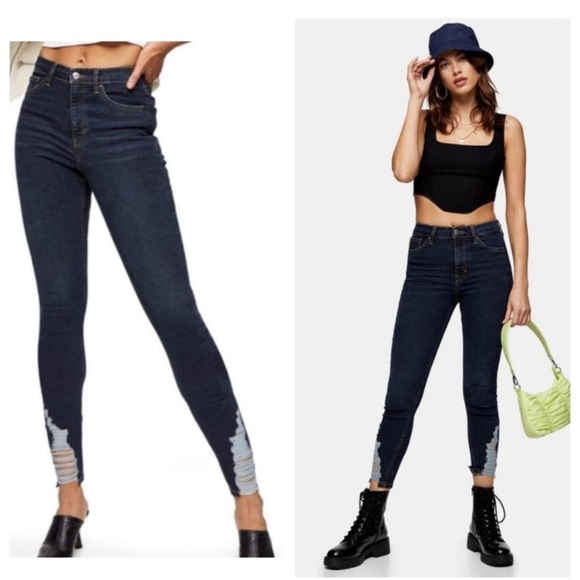 Topshop Denim - Topshop - Jamie High Waist Ripped Hem Skinny Jeans in Blue Black Women's size 28